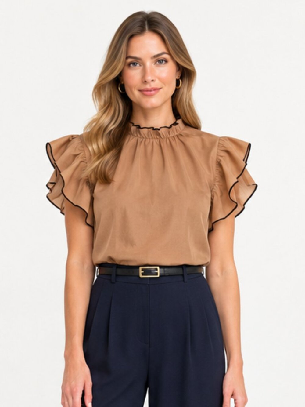 Esme Womens Brown Ruffle Sleeve Blouse - Elegant Flutter Top